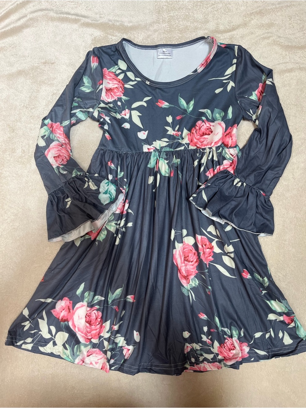 Girls Navy Floral Long Sleeve Dress with Ruffle Sleeves